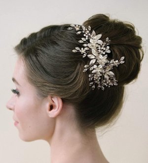 Silver Leaf Handmade beaded Pearl and Crystal Hair Comb